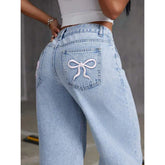 Denim Wide Leg Pants Women Jeans Embroidery High Waist Distressed Washed Pockets Vintage Floor Length Trousers 2025 Streetwear